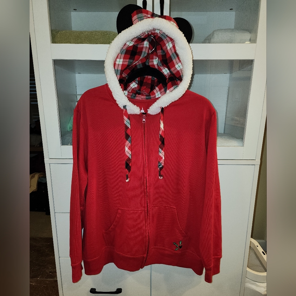 Disney Red Hoodie Christmas Themed With Minnie Mouse Ears.